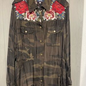 Johnny Was Green and Red Utility Jacket with Floral Embroidery